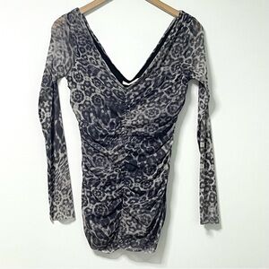 Weston Wear Leopard Print Long Sleeve Ruched Y2K Mesh Top size Large